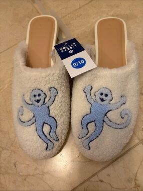 Roller Rabbit White Sherpa Slip-On Slippers with Light Blue Monkey Embroidery